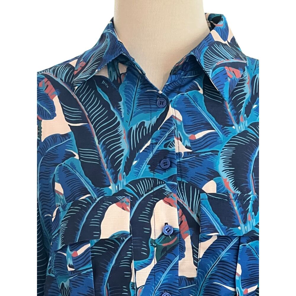 Mulla Blue Tropical Linen Blend Collared Button-Up Long Sleeve Blouse Size S NWT